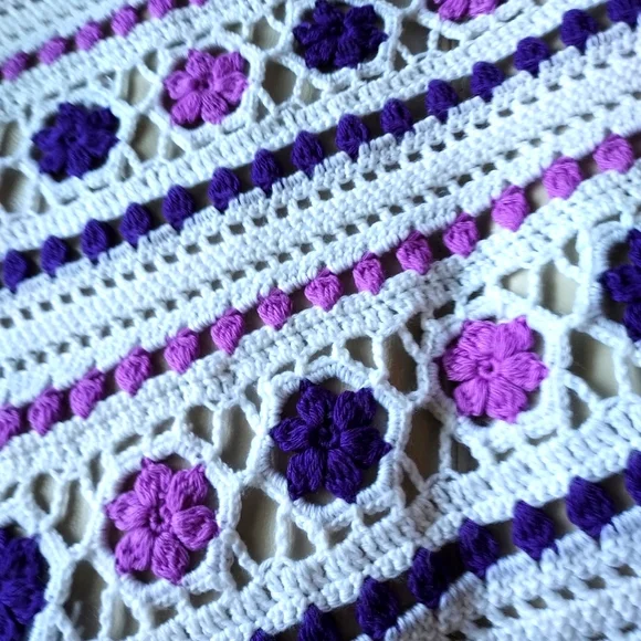 Hand Crocheted Blanket: Purple on White background:Size 105" x 68" approx - Picture 8 of 11